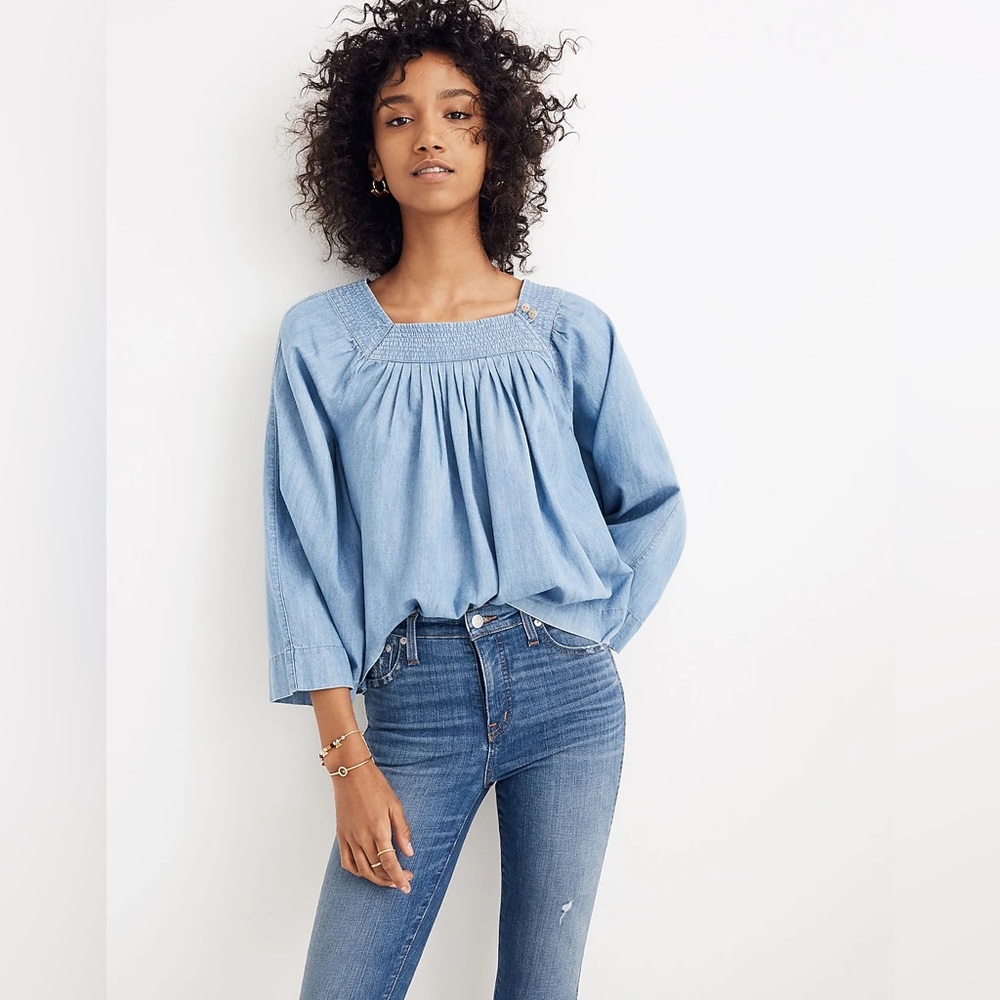 Madewell Denim Square Neck Top Blue Wide Sleeve Shirt XS